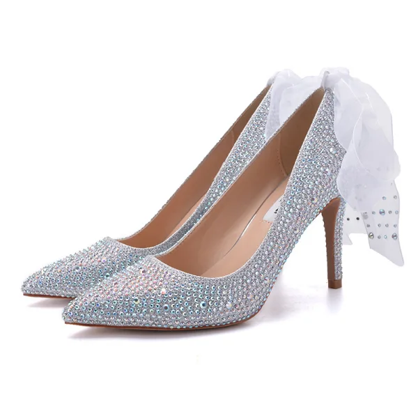 Charming Silver Wedding Shoes 2020 Bow Rhinestone 9 cm Stiletto Heels Pointed Toe Wedding Pumps