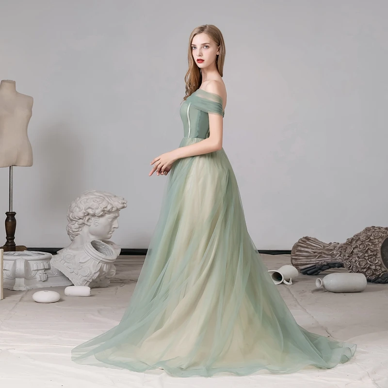 Classy Sage Green Evening Dresses 2020 A-Line Princess Off-The-Shoulder Short Sleeve