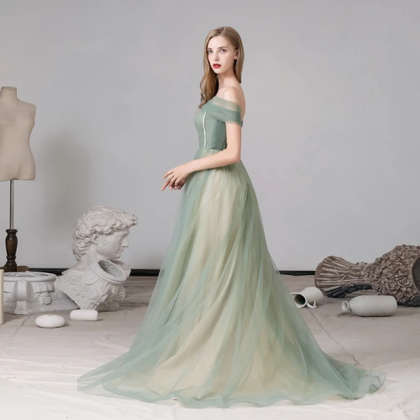 Classy Sage Green Evening Dresses 2020 A-Line / Princess Off-The-Shoulder Short Sleeve Backless Sweep Train Formal Dresses