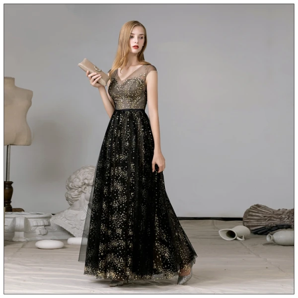 Fabulous Black Gold Evening Dresses  2020 A-Line / Princess V-Neck Sleeveless Star Lace Sequins Floor-Length / Long Evening Party Formal Dresses
