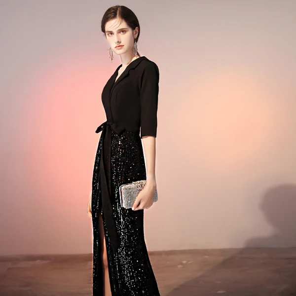 Classy Black Evening Dresses  2020 A-Line / Princess Bow Satin Sequins V-Neck 1/2 Sleeves Floor-Length / Long Formal Dresses