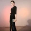 Classy Black Evening Dresses  2020 A-Line / Princess Bow Satin Sequins V-Neck 1/2 Sleeves Floor-Length / Long Formal Dresses