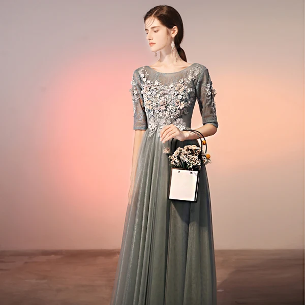 Elegant Grey Evening Dresses  2020 A-Line / Princess Scoop Neck Pearl Rhinestone Lace Flower Appliques 1/2 Sleeves Backless Floor-Length / Long Formal Dresses