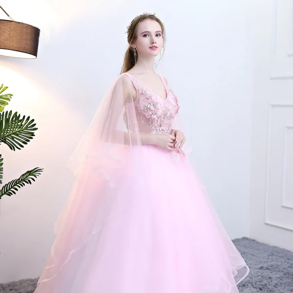 Chic / Beautiful Candy Pink Quinceañera Prom Dresses 2018 Ball Gown Appliques Pearl Sash Cascading Ruffles V-Neck Sleeveless Backless Floor-Length / Long Formal Dresses