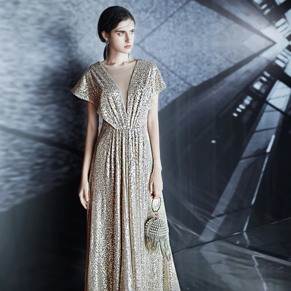 Scintillantes Doré Robe De Soirée 2020 Princesse Encolure Dégagée Paillettes Manches Courtes Dos Nu Longue Robe De Ceremonie