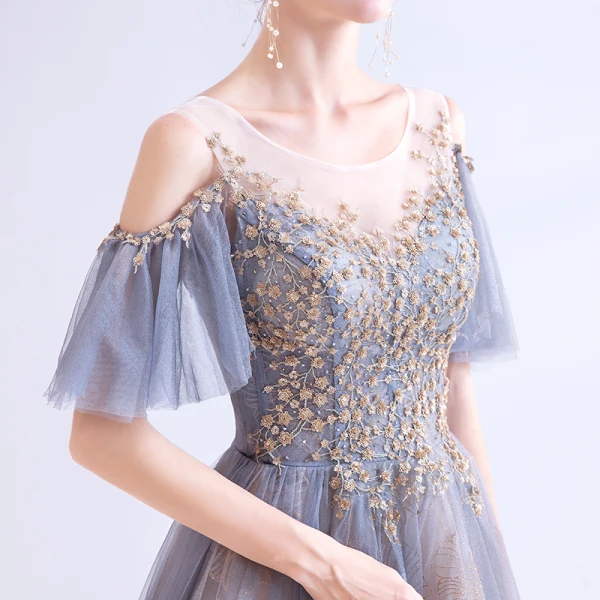 Élégant Gris Robe De Bal 2020 Princesse Encolure Dégagée Perlage Paillettes Manches Courtes Dos Nu Longue Robe De Ceremonie