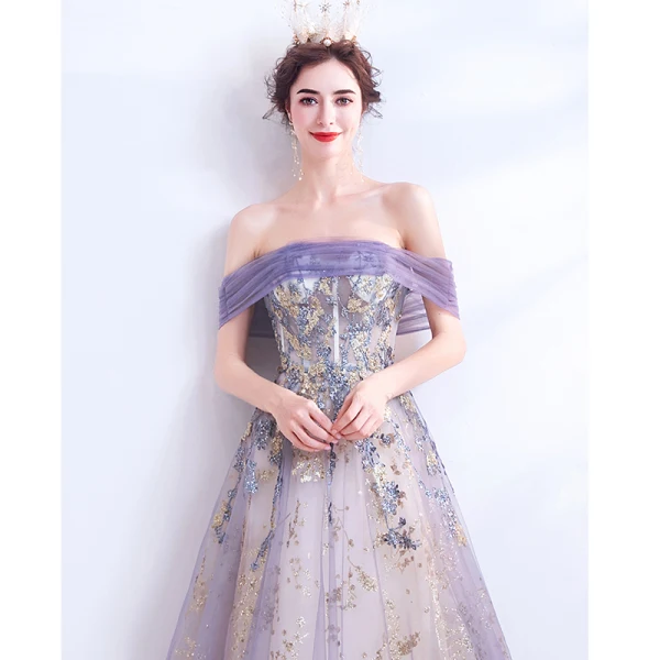 Charming Purple Prom Dresses 2020 A-Line / Princess Off-The-Shoulder Lace Flower Glitter Sequins Sleeveless Backless Floor-Length / Long Formal Dresses
