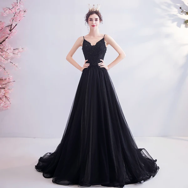 Chic / Belle Noire Robe De Bal 2020 Princesse Bretelles Spaghetti Perlage En Dentelle Fleur Sans Manches Dos Nu Train De Balayage Robe De Ceremonie