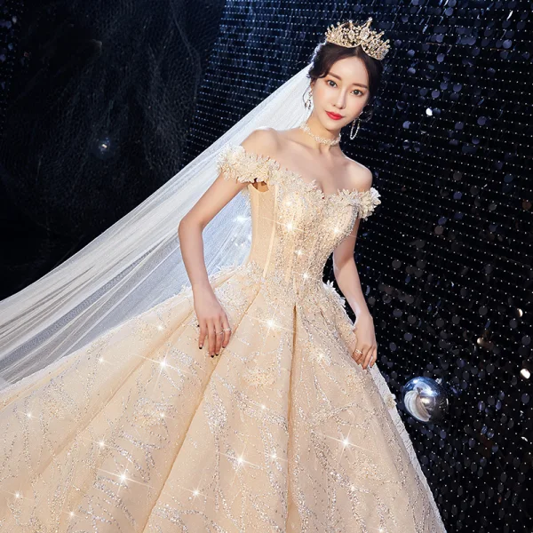 Luxury / Gorgeous Champagne Wedding Dresses 2020 Ball Gown Off-The-Shoulder Glitter Beading Sequins Lace Flower Sleeveless Backless Cathedral Train