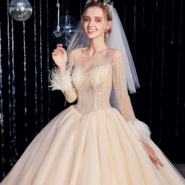 Luxury / Gorgeous Champagne Wedding Dresses 2020 Ball Gown Scoop Neck Beading Crystal Glitter Sequins Long Sleeve Backless Royal Train