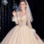 Luxury / Gorgeous Champagne Wedding Dresses 2020 Ball Gown Scoop Neck Beading Crystal Glitter Sequins Long Sleeve Backless Royal Train