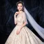 Luxe Champagne Robe De Mariée 2020 Princesse Encolure Dégagée Fait main Perlage Perle Paillettes En Dentelle Fleur Manches Courtes Dos Nu Royal Train