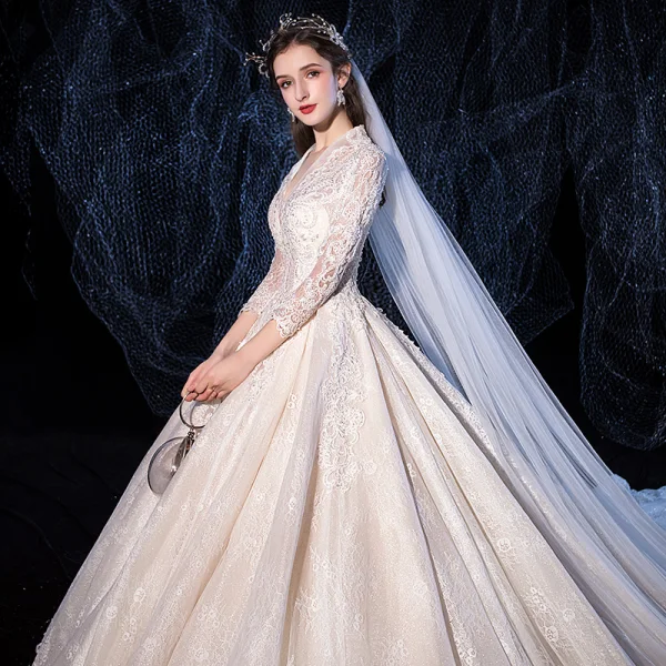 Luxury / Gorgeous Champagne Wedding Dresses 2020 A-Line / Princess V-Neck Beading Sequins Lace Flower 3/4 Sleeve Royal Train