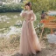 Modest / Simple Blushing Pink Wedding Party Dresses 2021 A-Line / Princess V-Neck Short Sleeve Backless Floor-Length / Long Bridesmaid Dresses