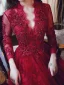 Elegant Burgundy Evening Dresses  2020 A-Line / Princess V-Neck Beading Sequins Lace Flower Long Sleeve Backless Floor-Length / Long Formal Dresses
