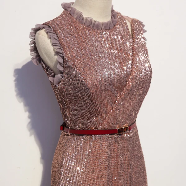 Sparkly Rose Gold Evening Dresses  2020 A-Line / Princess Scoop Neck Sash Sequins Sleeveless Floor-Length / Long Formal Dresses