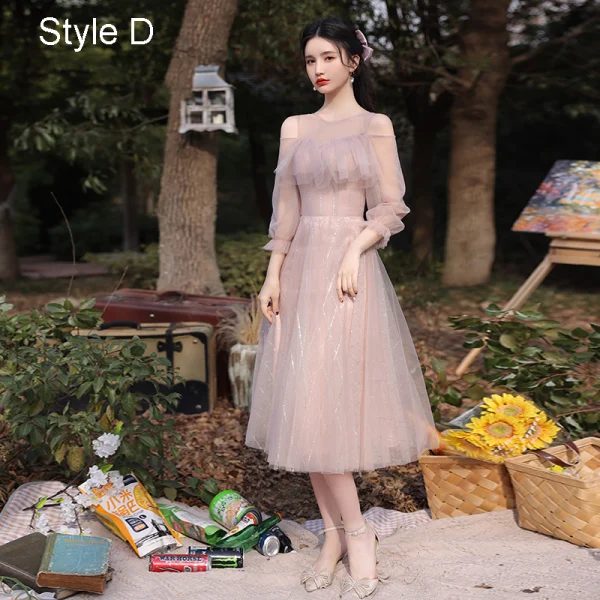 Modest / Simple Blushing Pink Bridesmaid Dresses 2021 A-Line / Princess V-Neck Short Sleeve Backless Tea-length Wedding Party Dresses