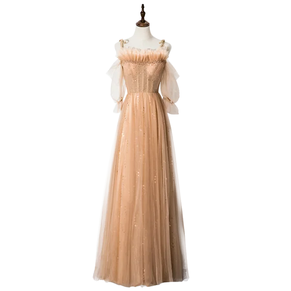 Élégant Champagne Robe De Soirée 2020 Princesse Volants Bretelles Spaghetti Perlage Étoile Paillettes 1/2 Manches Dos Nu Longue Robe De Ceremonie