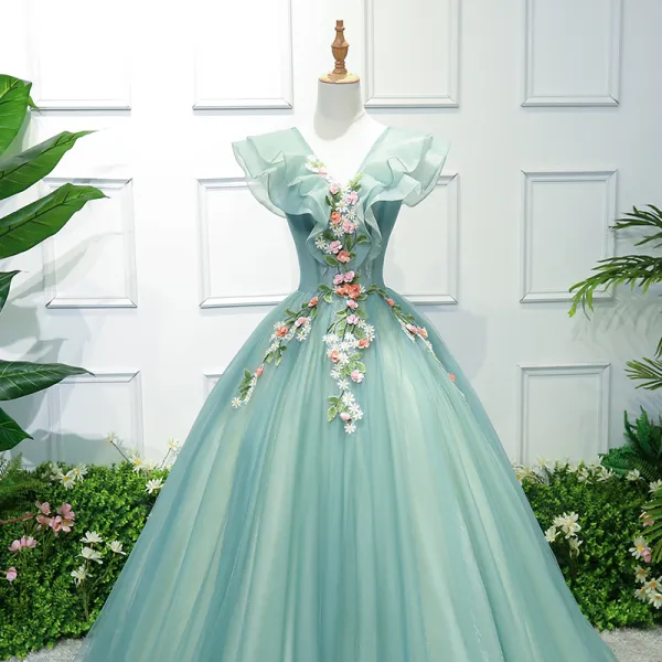 Flower Fairy Green Prom Dresses 2018 Ball Gown Appliques V Neck Backless Sleeveless Floor Length Long Formal Dresses