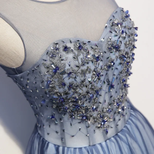 Elegant Sky Blue Evening Dresses 2020 A-Line / Princess Scoop Neck Crystal Sequins Lace Flower Sleeveless Backless Floor-Length / Long Formal Dresses