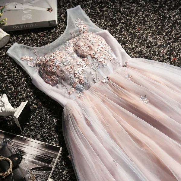 Chic Rougissant Rose Robe De Soirée 2020 Princesse Encolure Dégagée Perle Faux Diamant En Dentelle Fleur Sans Manches Dos Nu Longue Robe De Ceremonie