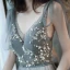 Fashion Grey Gold Evening Dresses  2020 A-Line / Princess V-Neck Rhinestone Sequins Lace Flower Sleeveless Backless Floor-Length / Long Formal Dresses