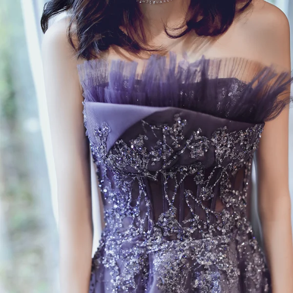 Charming Purple Evening Dresses 2020 A-Line / Princess Strapless Beading Sequins Lace Flower Sleeveless Backless Floor-Length / Long Formal Dresses