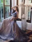 Charming Purple Evening Dresses  2020 A-Line / Princess V-Neck Beading Sequins Lace Flower Appliques Short Sleeve Backless Sweep Train Formal Dresses