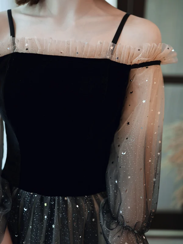 Fashion Black Champagne Gradient-Color Evening Dresses 2020 A-Line / Princess Off-The-Shoulder Star Sequins Long Sleeve Backless Floor-Length / Long Formal Dresses