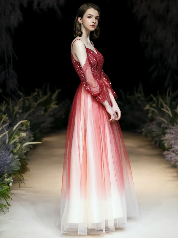 Mode Dégradé De Couleur Rouge Robe De Soirée 2020 Princesse Bretelles Spaghetti Perlage Paillettes 3/4 Manches Dos Nu Longue Robe De Ceremonie