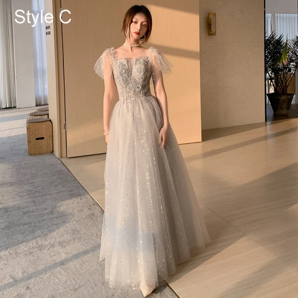 Fashion Grey Bridesmaid Dresses 2021 A-Line / Princess Square Neckline Beading Sequins Lace Flower Short Sleeve Backless Floor-Length / Long Wedding Party Dresses