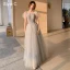 Fashion Grey Bridesmaid Dresses 2021 A-Line / Princess Square Neckline Beading Sequins Lace Flower Short Sleeve Backless Floor-Length / Long Wedding Party Dresses