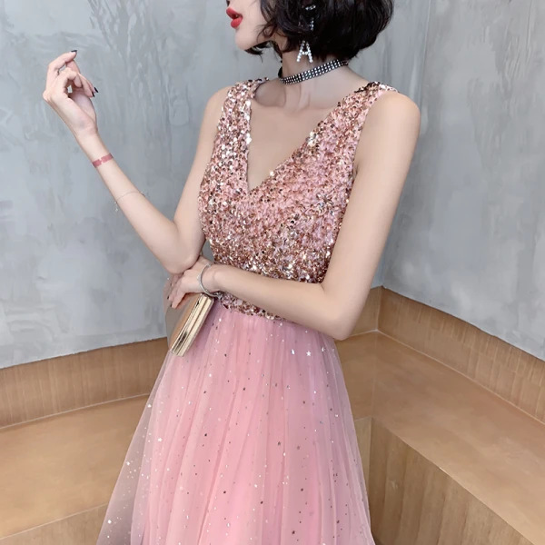 Fashion Candy Pink Evening Dresses  2020 A-Line / Princess Star Sequins V-Neck Sleeveless Backless Floor-Length / Long Formal Dresses