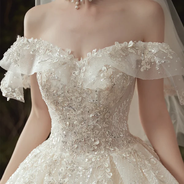 Luxury / Gorgeous Champagne Wedding Dresses 2020 Ball Gown Off-The-Shoulder Appliques Beading Sequins Lace Flower Short Sleeve Backless Royal Train