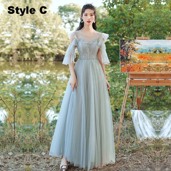 Modest / Simple Sage Green Ruffle Bridesmaid Dresses 2021 A-Line / Princess V-Neck Short Sleeve Backless Floor-Length / Long Wedding Party Dresses