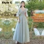 Modest / Simple Sage Green Ruffle Bridesmaid Dresses 2021 A-Line / Princess V-Neck Short Sleeve Backless Floor-Length / Long Wedding Party Dresses