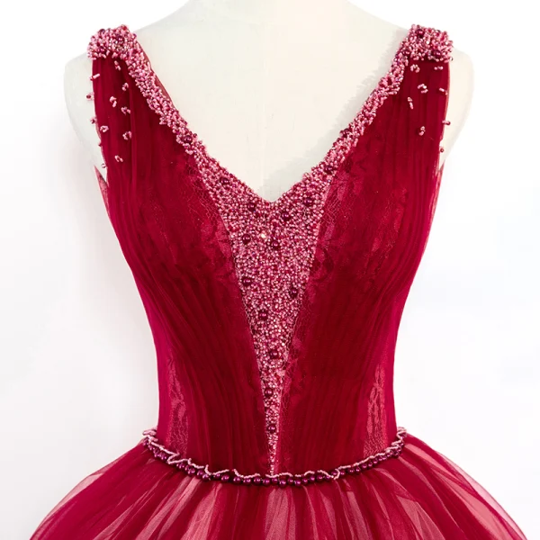 Chic / Beautiful Red Prom Dresses 2018 Ball Gown Beading V-Neck Backless Sleeveless Floor-Length / Long Formal Dresses
