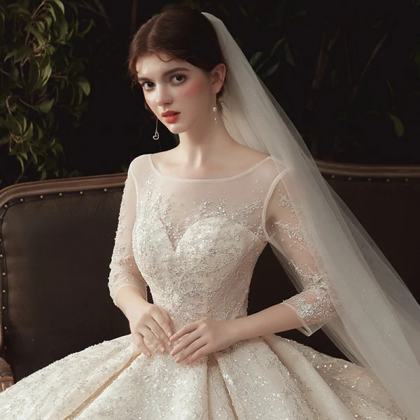 Luxury / Gorgeous Champagne Wedding Dresses 2020 Ball Gown Scoop Neck Beading Sequins Lace Flower Appliques 3/4 Sleeve Backless Royal Train