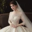 Luxury / Gorgeous Champagne Wedding Dresses 2020 Ball Gown Scoop Neck Beading Sequins Lace Flower Appliques 3/4 Sleeve Backless Royal Train