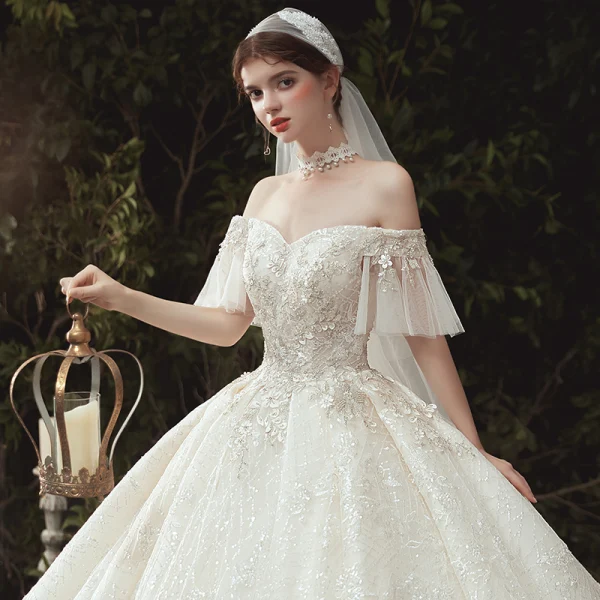Luxury / Gorgeous Champagne Wedding Dresses 2020 Ball Gown Off-The-Shoulder Beading Sequins Lace Flower Appliques Short Sleeve Backless Royal Train