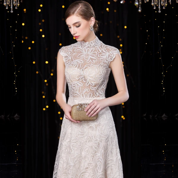 Sparkly Champagne Evening Dresses  2020 A-Line / Princess High Neck Sequins Lace Flower Sleeveless Floor-Length / Long Formal Dresses