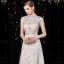 Sparkly Champagne Evening Dresses  2020 A-Line / Princess High Neck Sequins Lace Flower Sleeveless Floor-Length / Long Formal Dresses