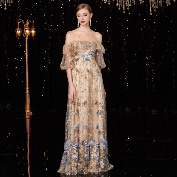 High-end Champagne Glitter Evening Dresses  2020 A-Line / Princess Scoop Neck Lace Flower Short Sleeve Floor-Length / Long Formal Dresses