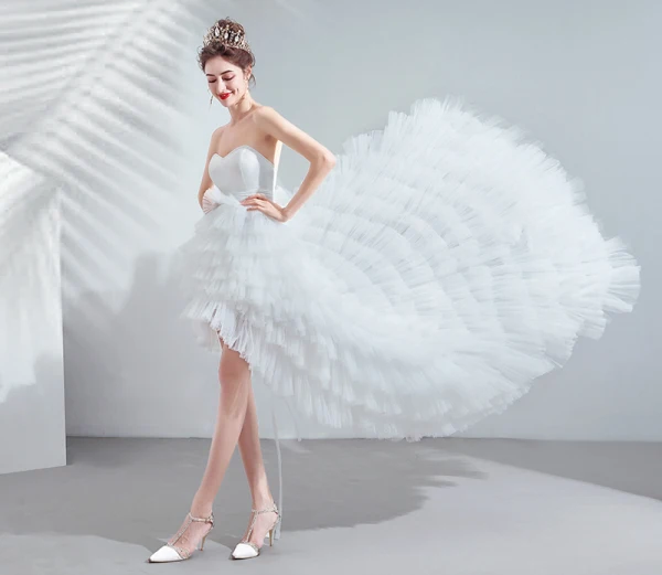 Chic / Beautiful White Wedding Dresses 2020 A-Line / Princess Strapless Sleeveless Backless Cascading Ruffles Court Train