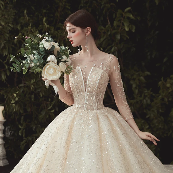 Luxury / Gorgeous Champagne Wedding Dresses 2020 Ball Gown Scoop Neck Beading Sequins Lace Flower Appliques 3/4 Sleeve Backless Cathedral Train