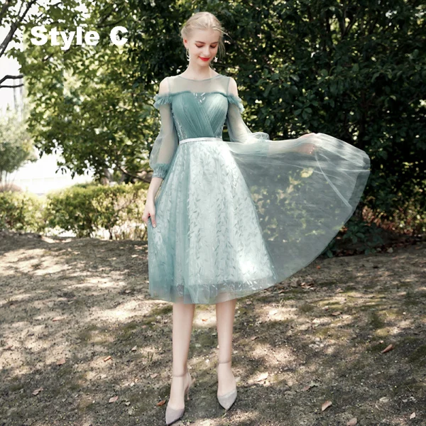 Chic / Beautiful Mint Green Bridesmaid Dresses 2021 A-Line / Princess Scoop Neck Short Sleeve Backless Sash Tea-length Wedding Party Dresses