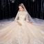 Élégant Haut de Gamme Champagne Robe De Mariée 2020 Robe Boule Glitter En Dentelle Fleur Col Haut 3/4 Manches Royal Train