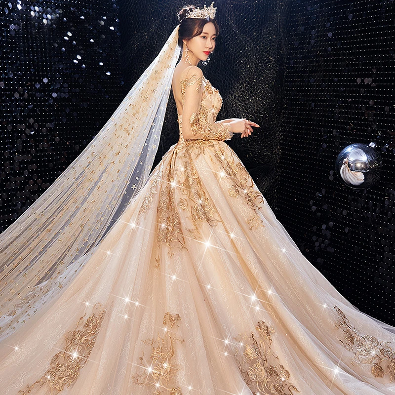 Luxury Gorgeous Champagne Wedding Dresses 2020 Ball Gown Scoop Neck Beading  Crystal Sequins Lace Flower Long Sleeve Backless Royal Train