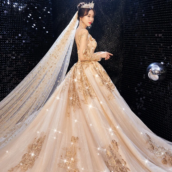 Luxury / Gorgeous Champagne Wedding Dresses 2020 Ball Gown Scoop Neck Beading Crystal Sequins Lace Flower Long Sleeve Backless Royal Train
