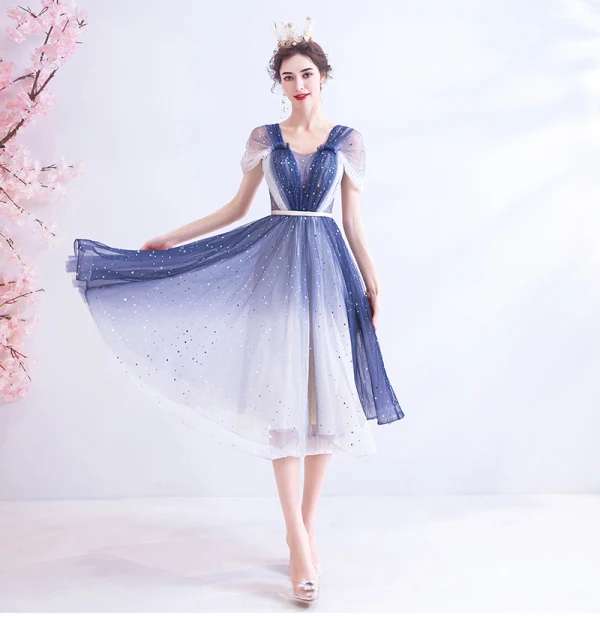 Fashion Ocean Blue Ivory Gradient-Color Cocktail Dresses 2020 A-Line / Princess Off-The-Shoulder Short Sleeve Backless Knee-Length Formal Dresses